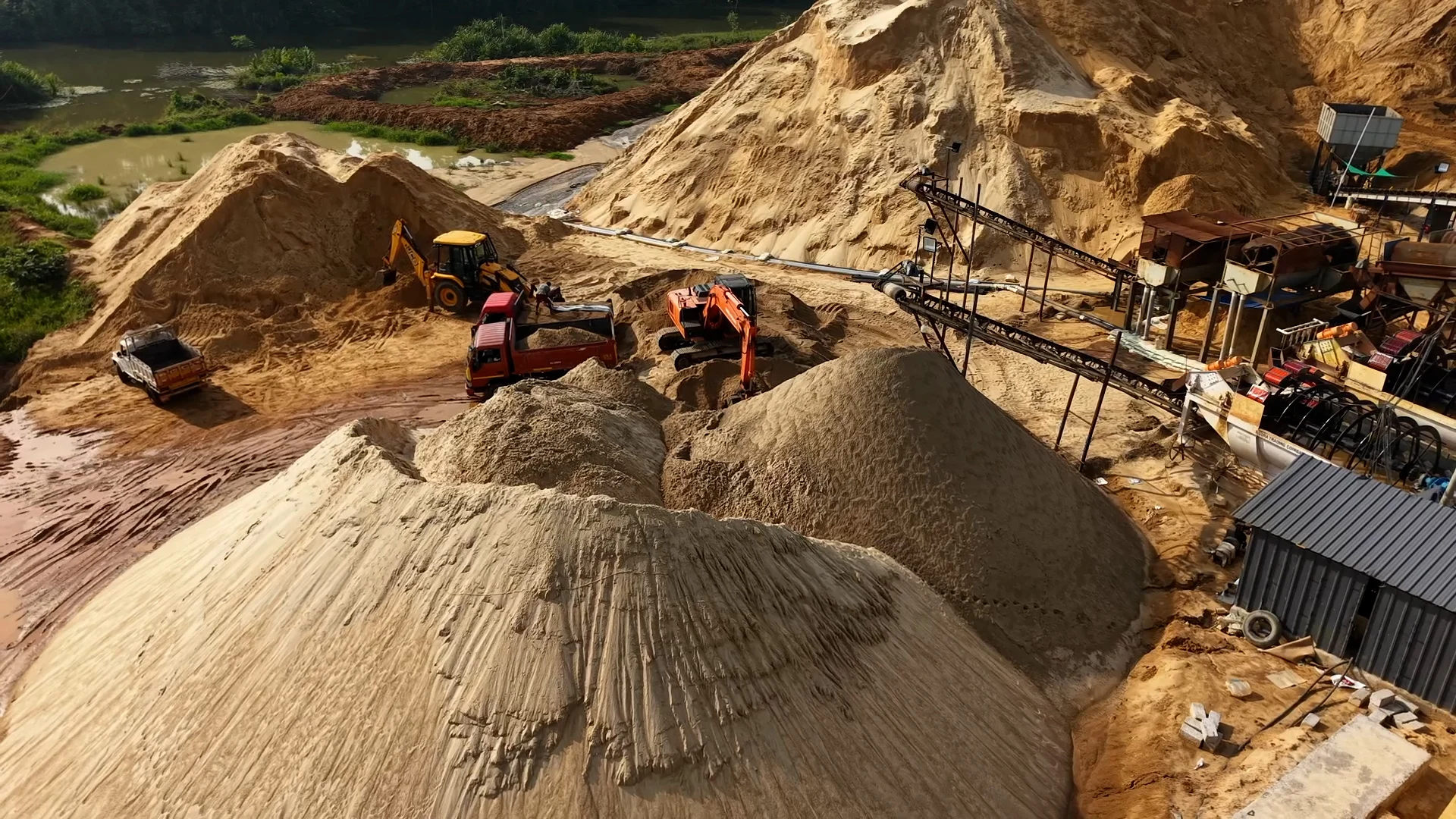 Aerial view of licensed dam reservoir where Stonage extracts dam-dredged river sand in Trivandrum Kerala