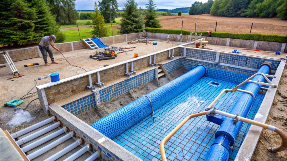 Swimming pool construction and landscaping using clean salt-free river sand in Kerala